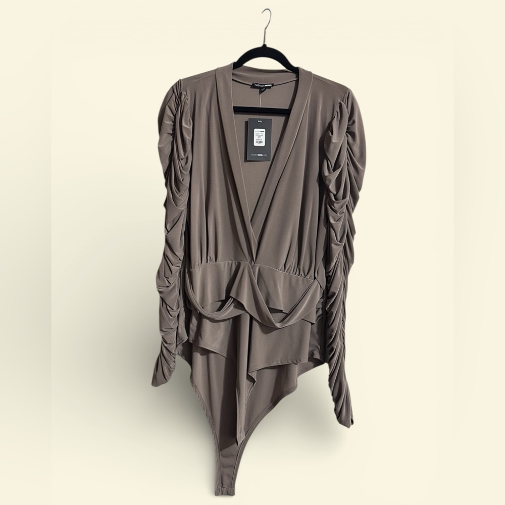 Elegant Taupe Ruched Women's Bodysuit - Picture 1 of 2